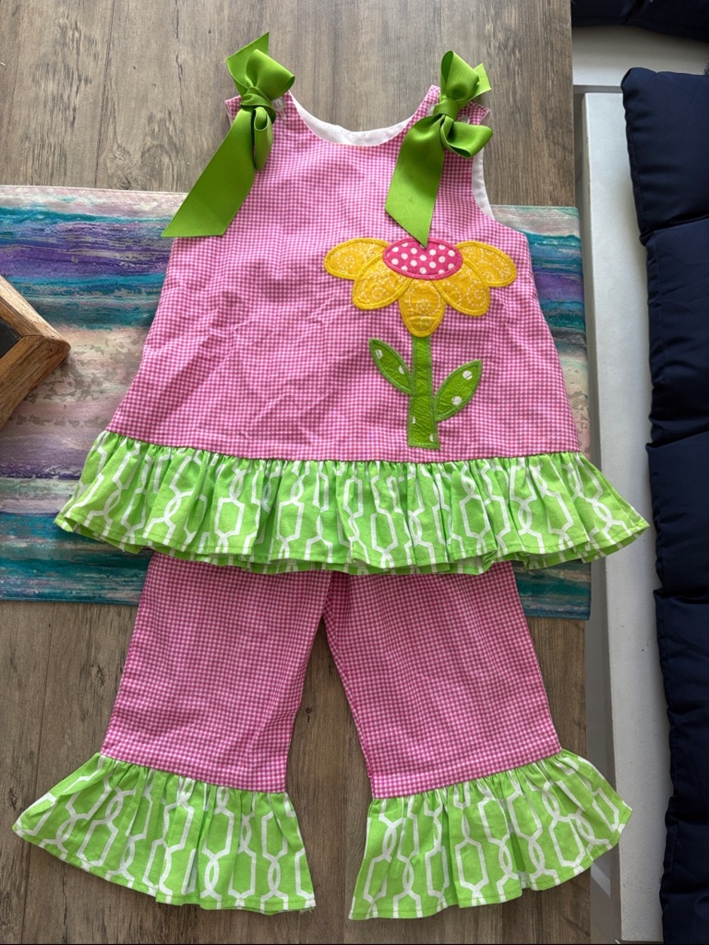 Girls Pink & Green Flower Appliqué Matching Set